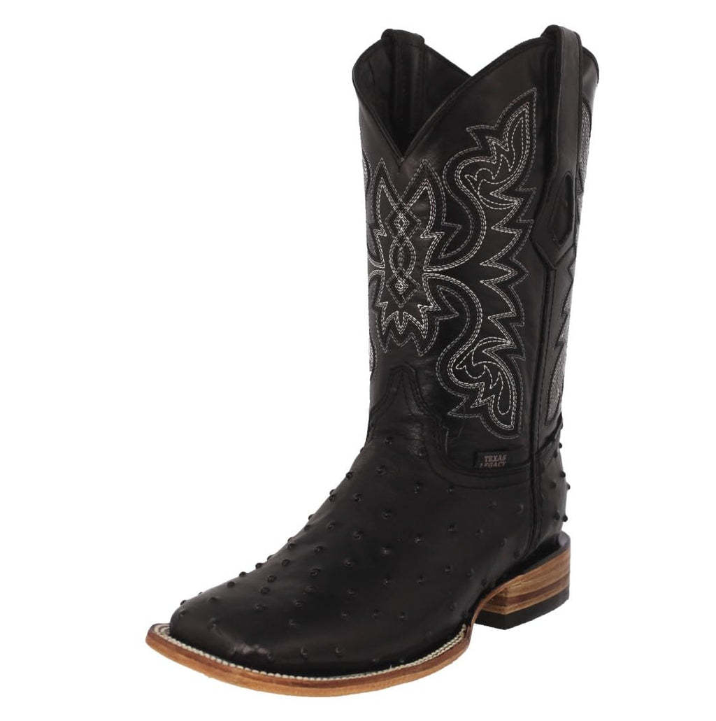 Black Ostrich Quill Print Leather Square Toe Cowboy Boots W6860