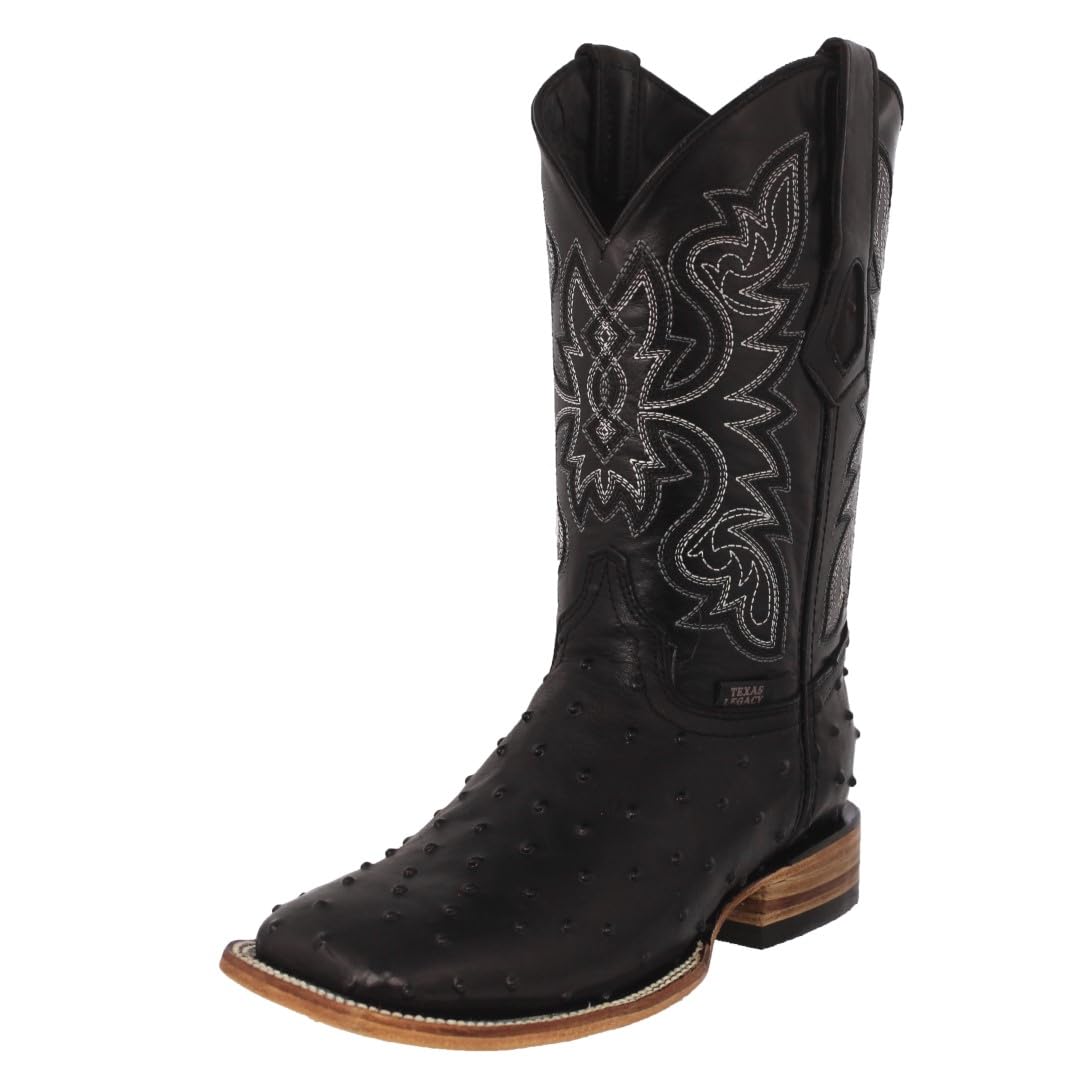 Black Ostrich Quill Print Leather Square Toe Cowboy Boots W6860