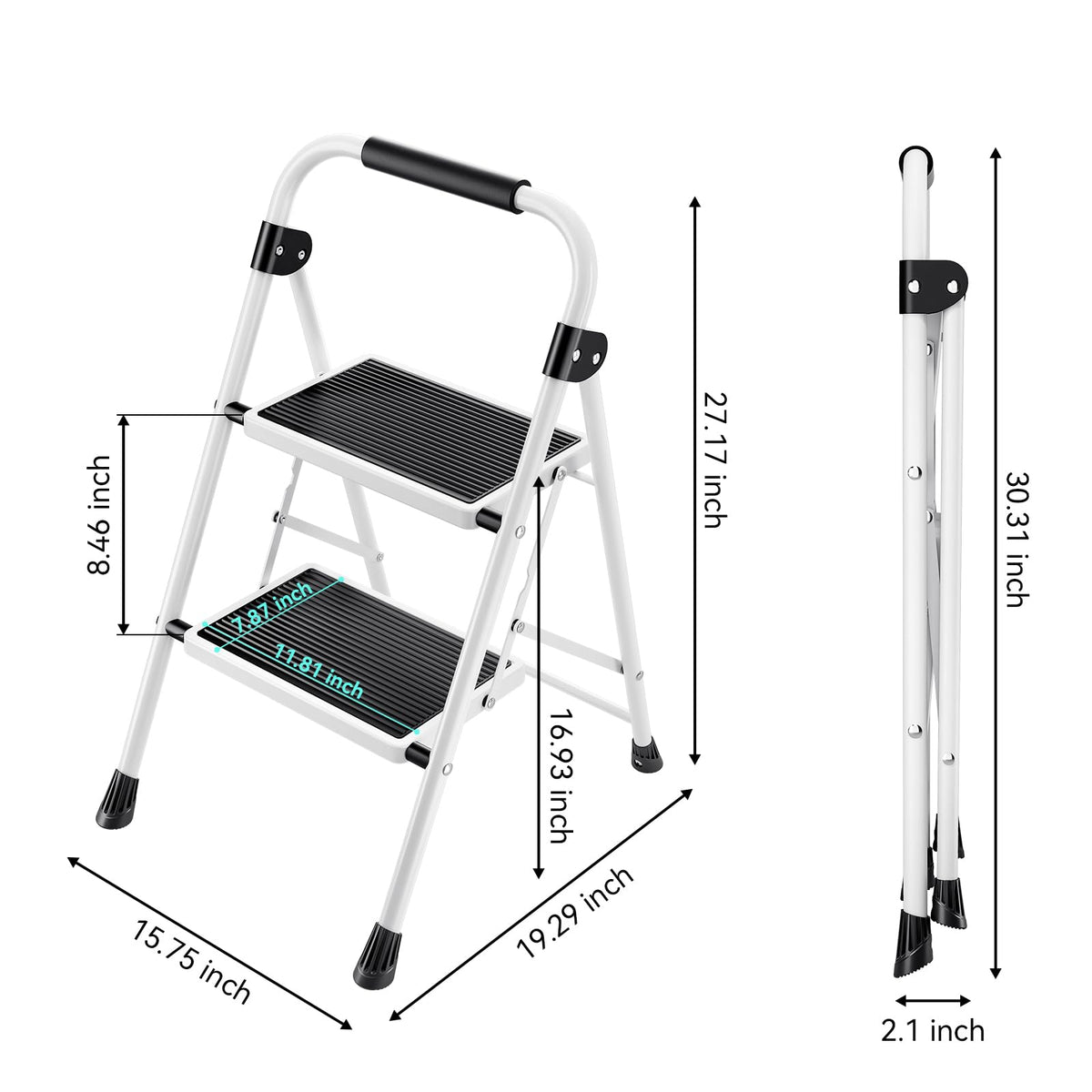 2 Step Folding Step Stool with Handrails White T778001