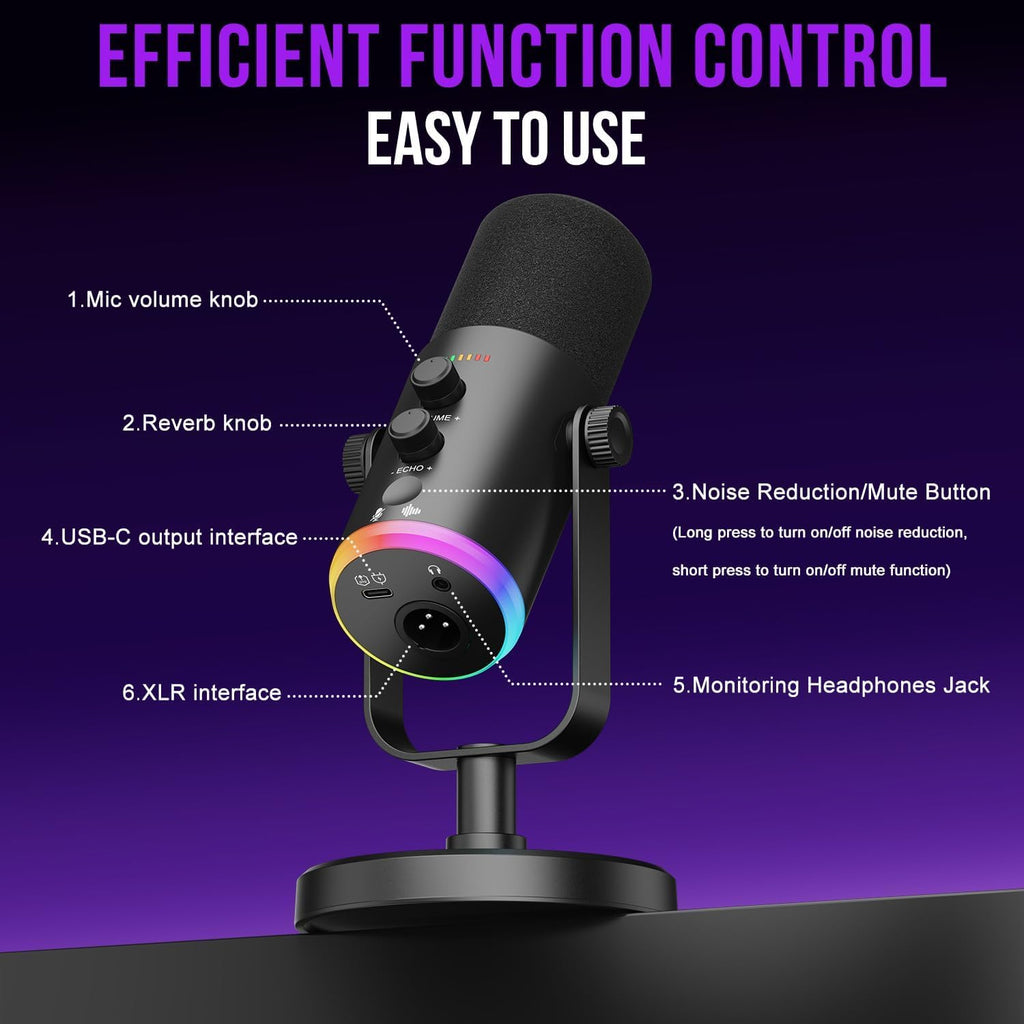 USB-C/XLR Dynamic Microphone with RGB Light, Mute Button, Desktop Stand, Headphones Jack J288
