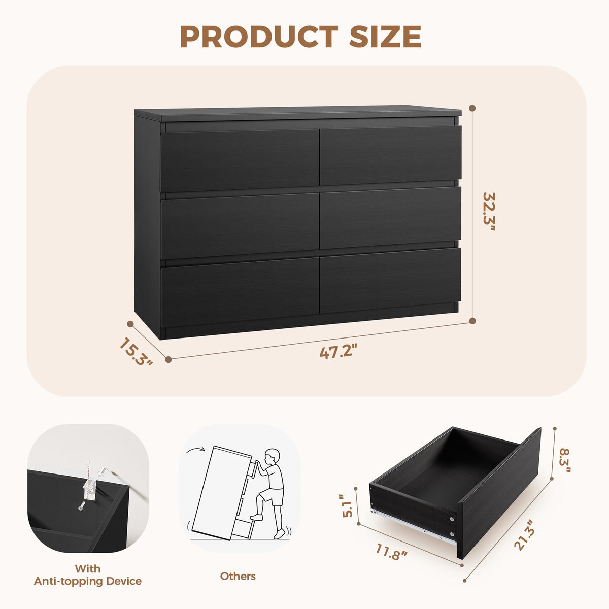 Black 6 Drawer Wood Double Dresser H888246