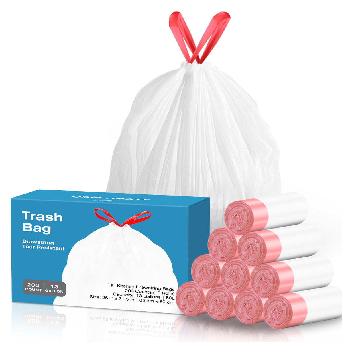 13.2 Gallon Tall Kitchen Drawstring Trash Bags, 200 Count Unscented Leak Proof K338743