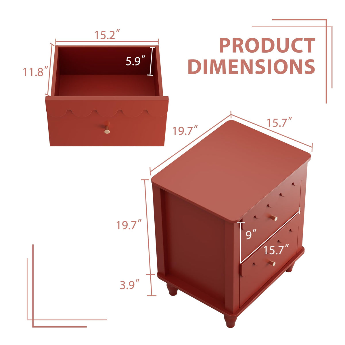 Red 2 Drawer Nightstand with Solid Wood Legs O715