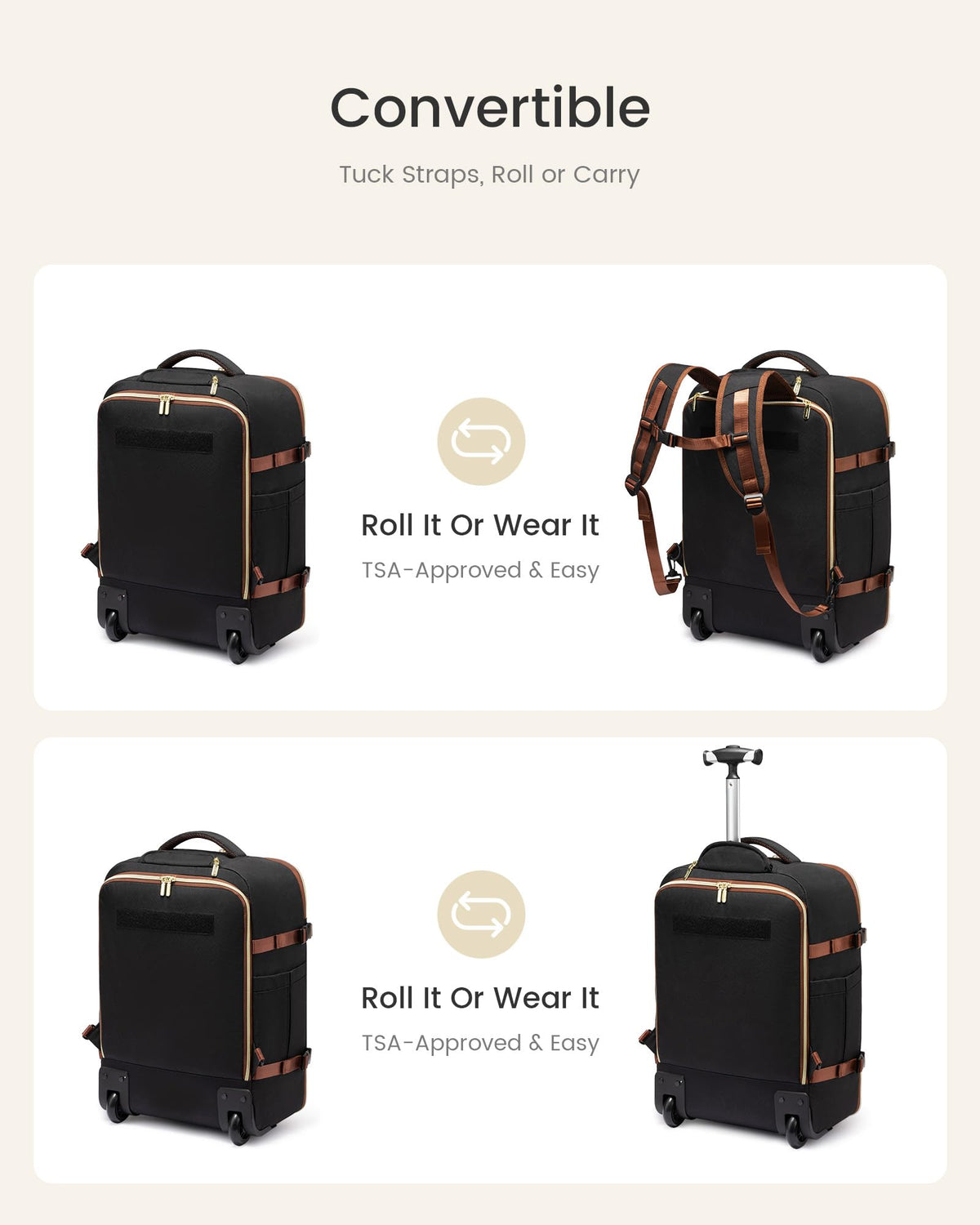 Rolling Backpack with Wheels, 17 Inch 57L Water Resistant R556
