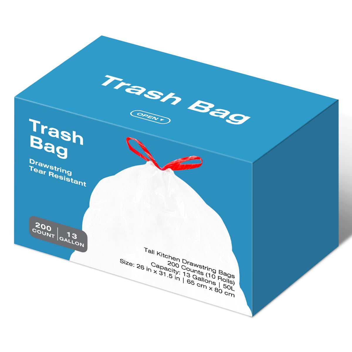 13.2 Gallon Tall Kitchen Drawstring Trash Bags, 200 Count Unscented Leak Proof K338743
