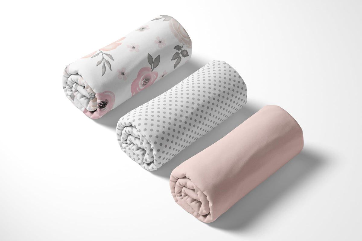 3-Piece Baby Crib Sheets Set Pink Floral Fitted Standard Size D348