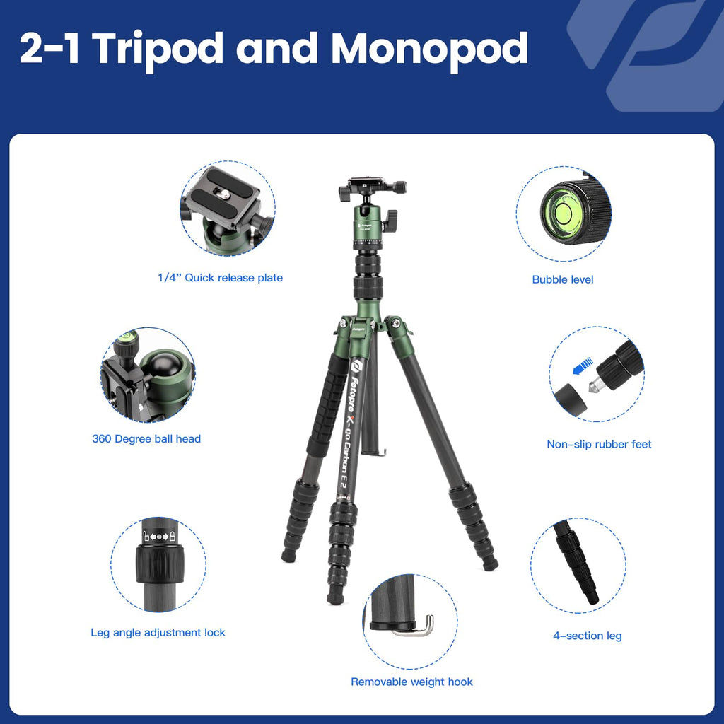 60" Carbon Fiber Camera Tripod with Ball Head and Monopod G974