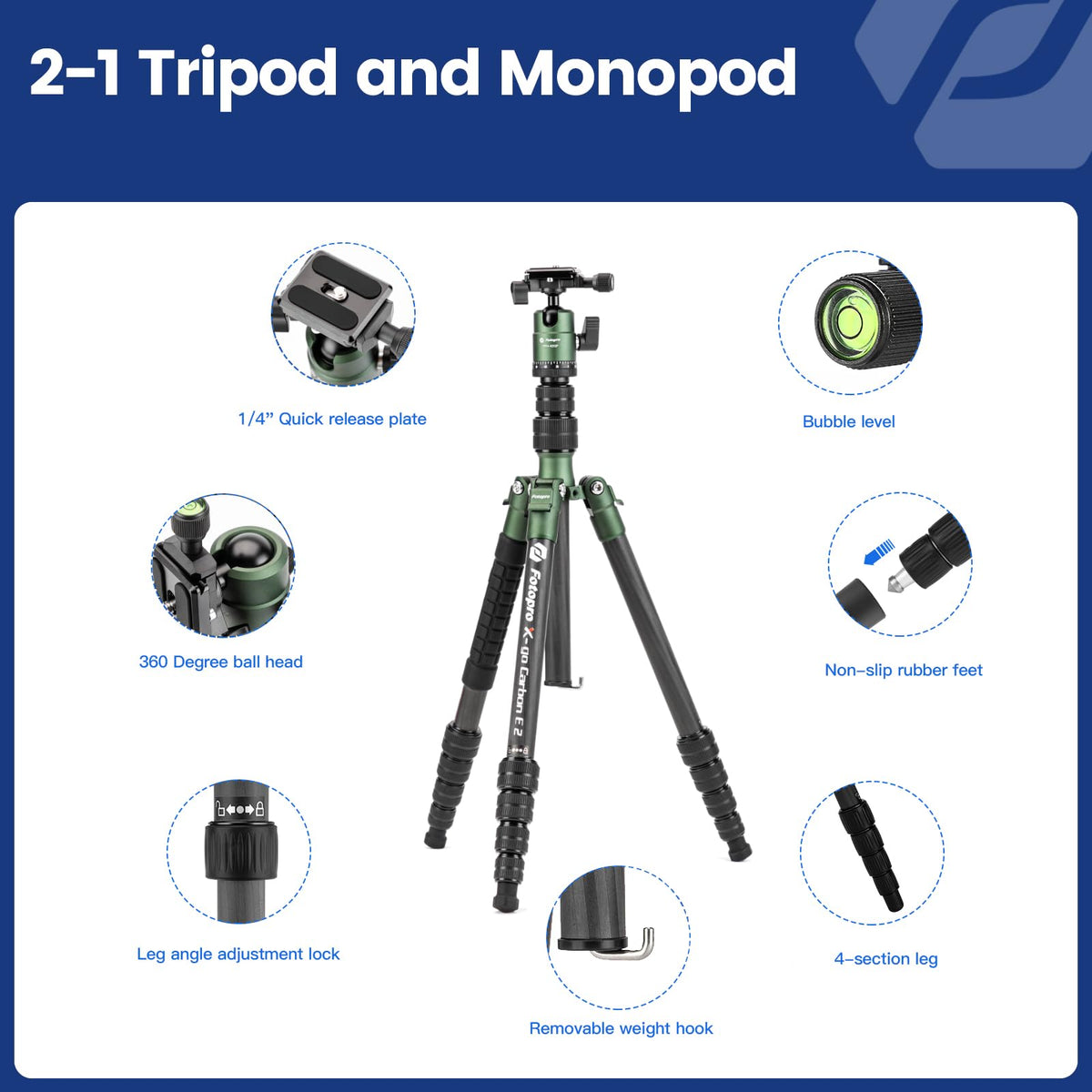 60" Carbon Fiber Camera Tripod with Ball Head and Monopod G974