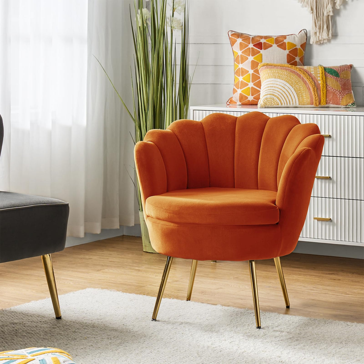 Orange Velvet Channel Tufted Accent Chair with Gold Legs Y736972