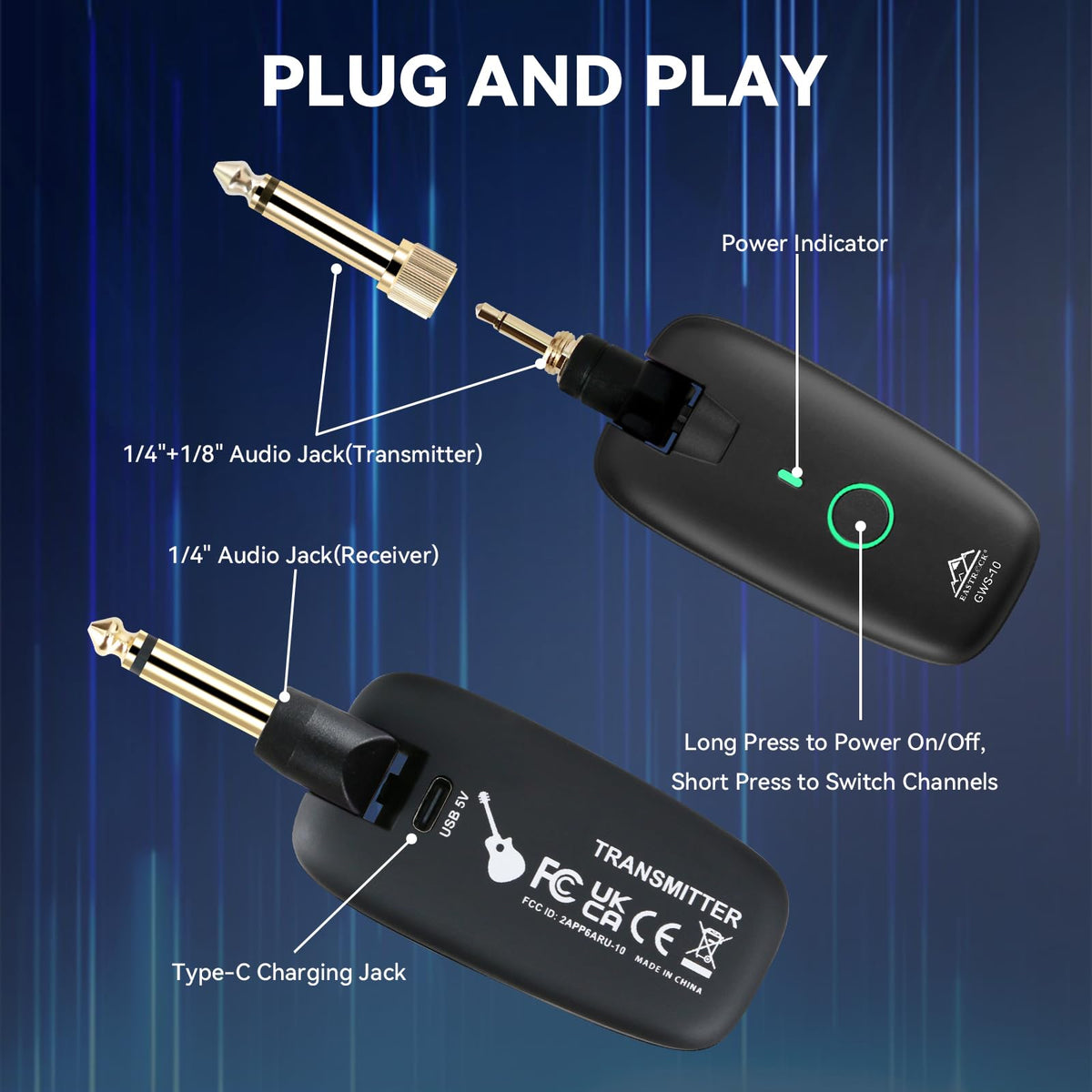 Wireless Guitar System Transmitter Receiver 7-Channel Rechargeable Black H99865