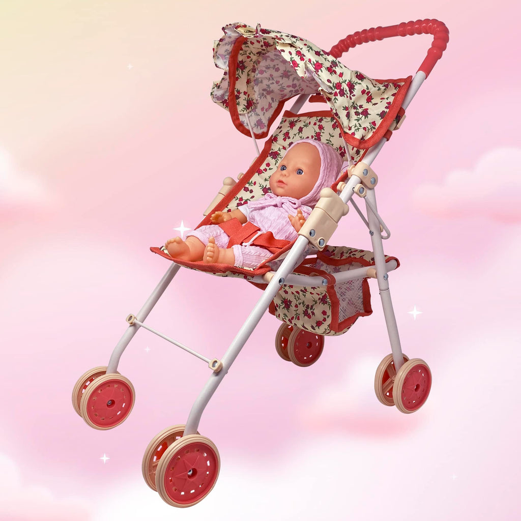 Baby Doll Stroller with Storage Basket, Foldable Frame, Canopy, Seatbelt W729023
