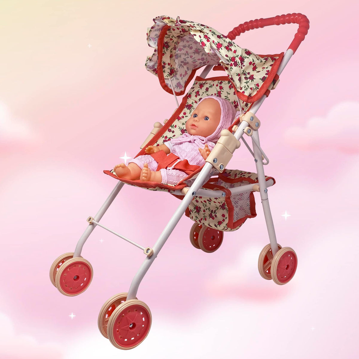 Baby Doll Stroller with Storage Basket, Foldable Frame, Canopy, Seatbelt W729023