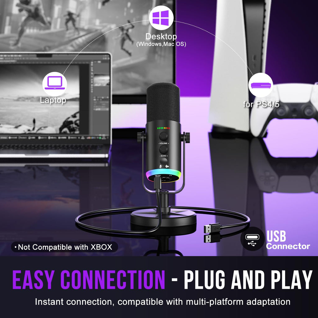 USB-C/XLR Dynamic Microphone with RGB Light, Mute Button, Desktop Stand, Headphones Jack J288
