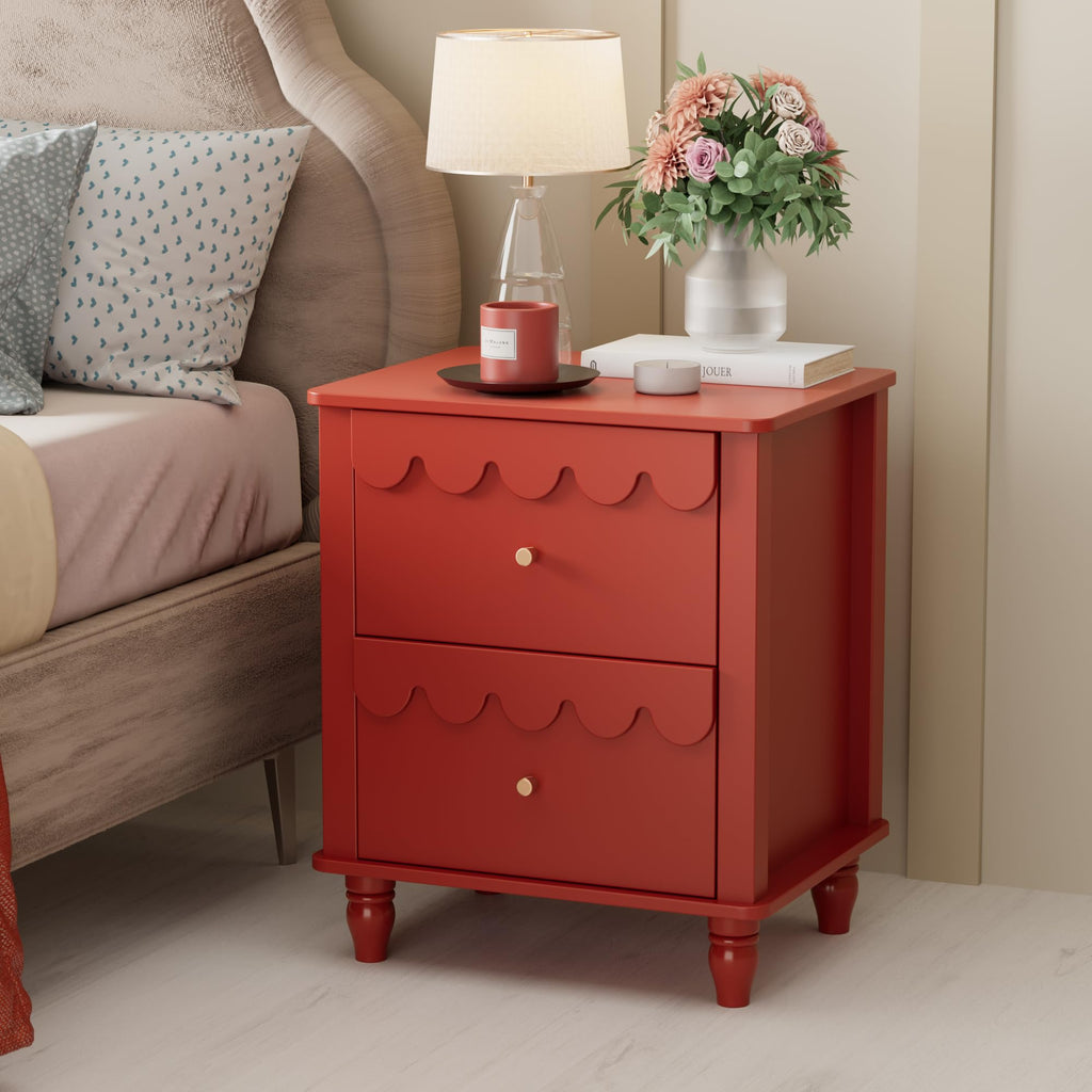 Red 2 Drawer Nightstand with Solid Wood Legs O715