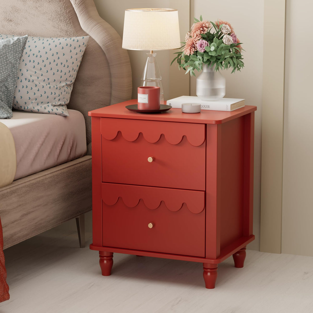 Red 2 Drawer Nightstand with Solid Wood Legs O715