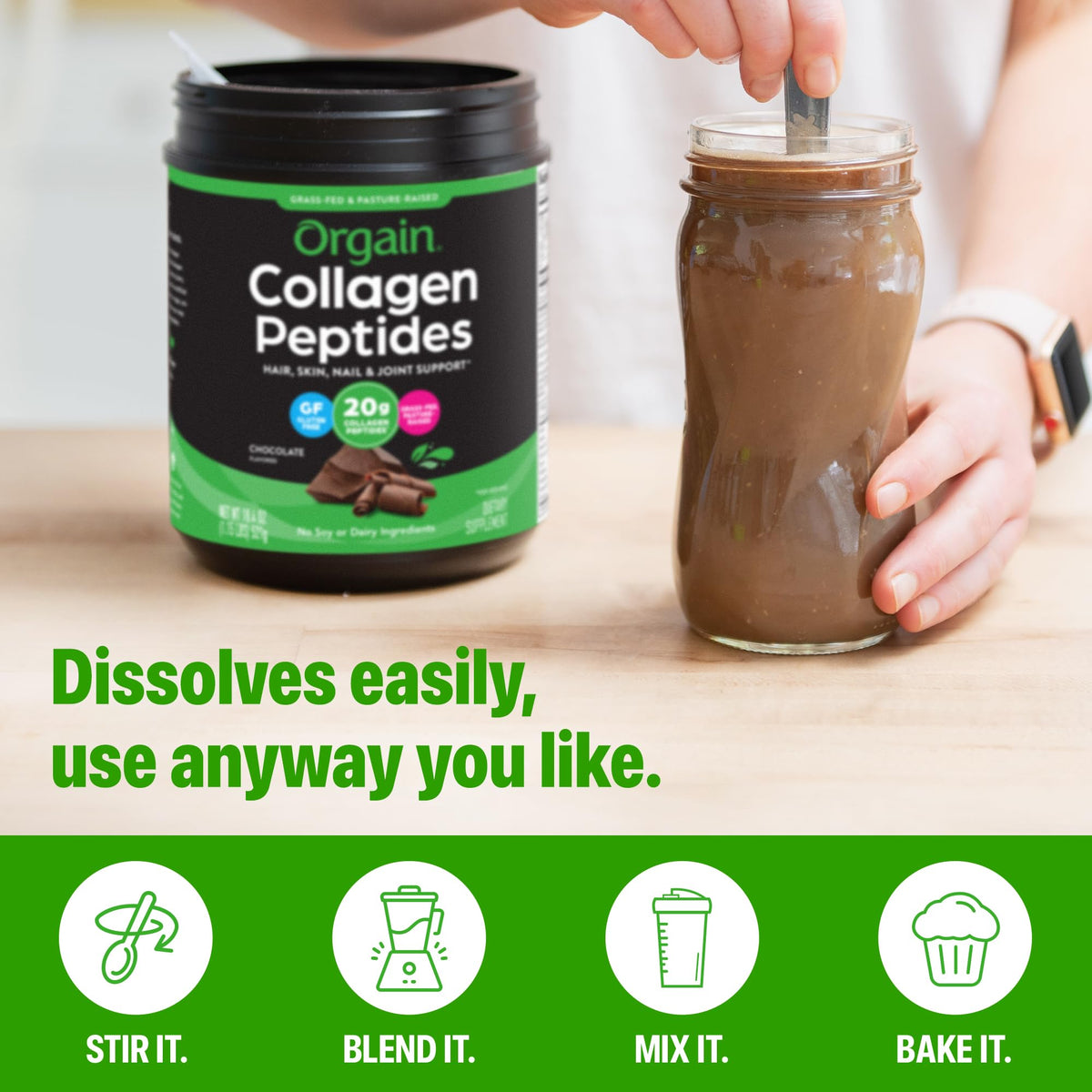 Hydrolyzed Collagen Peptides Powder, Chocolate, 1lb G96358