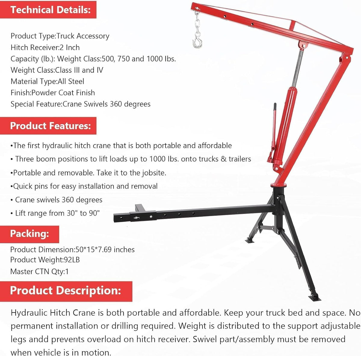 1000 LBS Hydraulic Truck Crane with 3 Adjustable Booms K184428