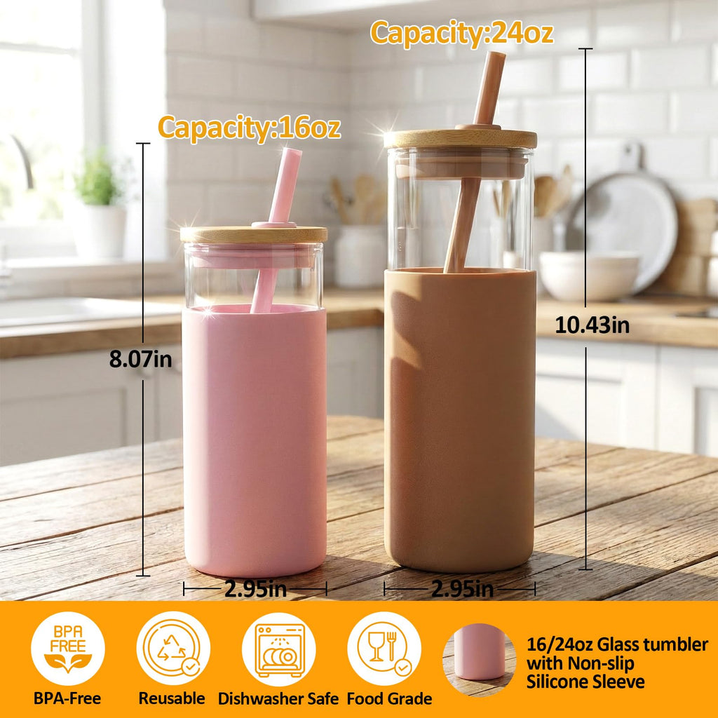 24 oz Glass Tumbler with Lids and Straw Q55547