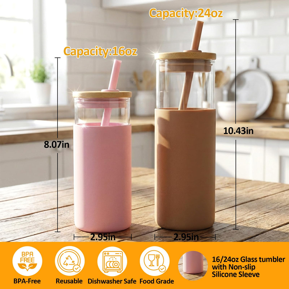 24 oz Glass Tumbler with Lids and Straw Q55547