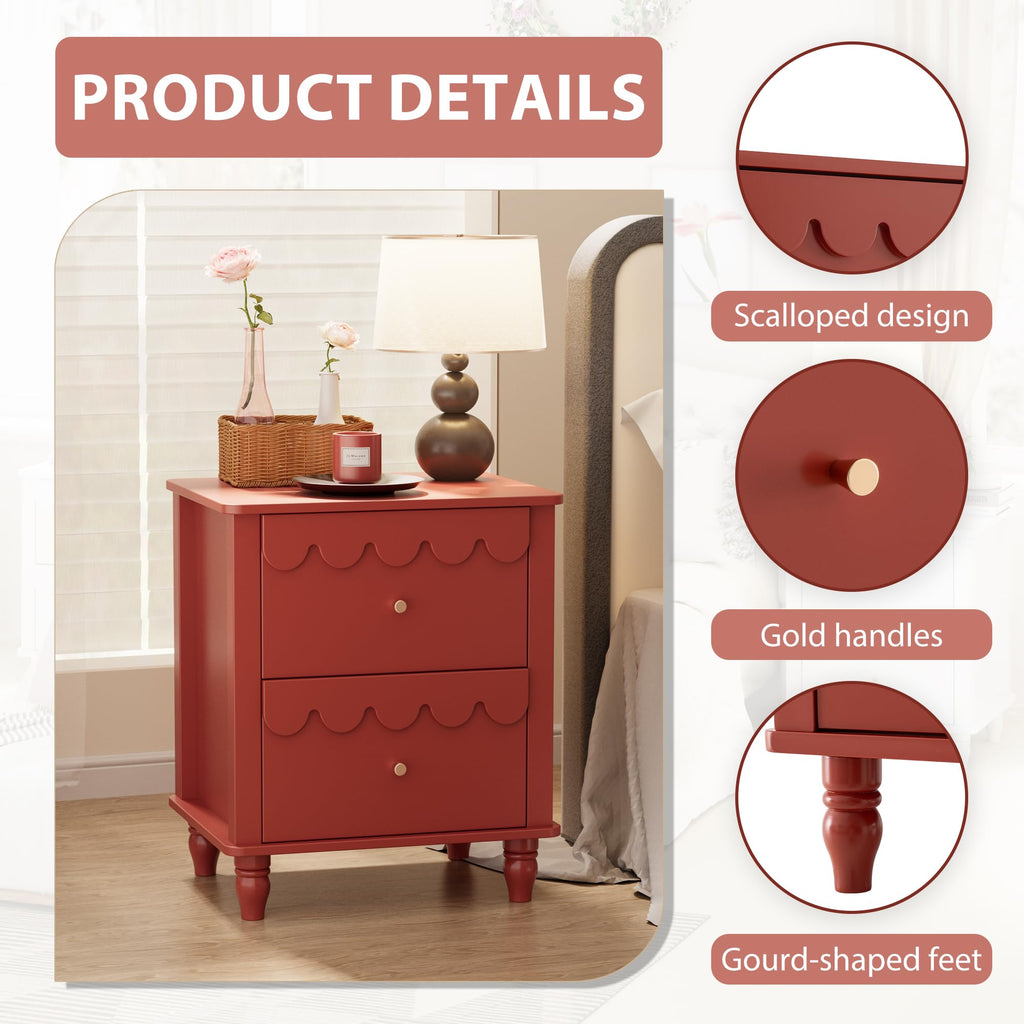 Red 2 Drawer Nightstand with Solid Wood Legs O715