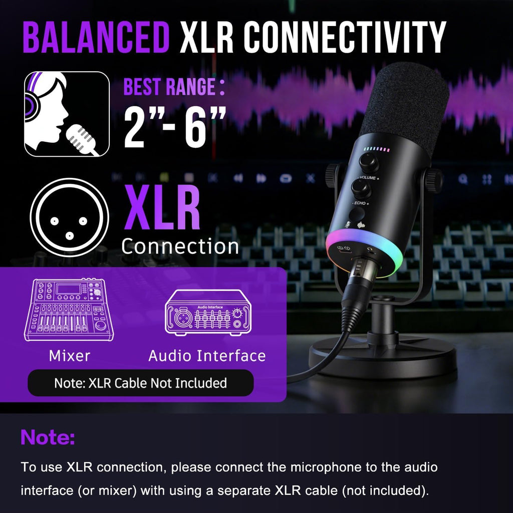 USB-C/XLR Dynamic Microphone with RGB Light, Mute Button, Desktop Stand, Headphones Jack J288