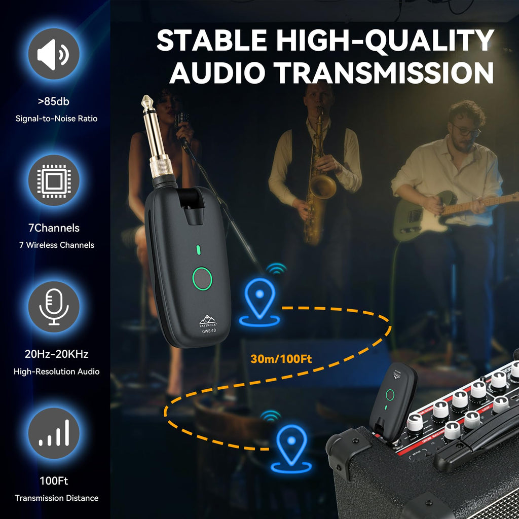 Wireless Guitar System Transmitter Receiver 7-Channel Rechargeable Black H99865