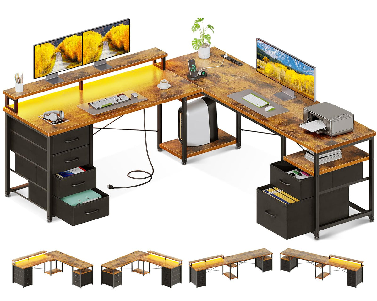 66" L Shaped Computer Desk with File Cabinet & 4 Drawers O758