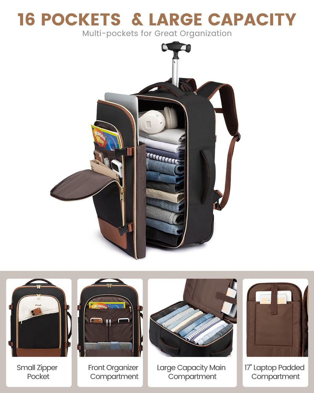 Rolling Backpack with Wheels, 17 Inch 57L Water Resistant R556