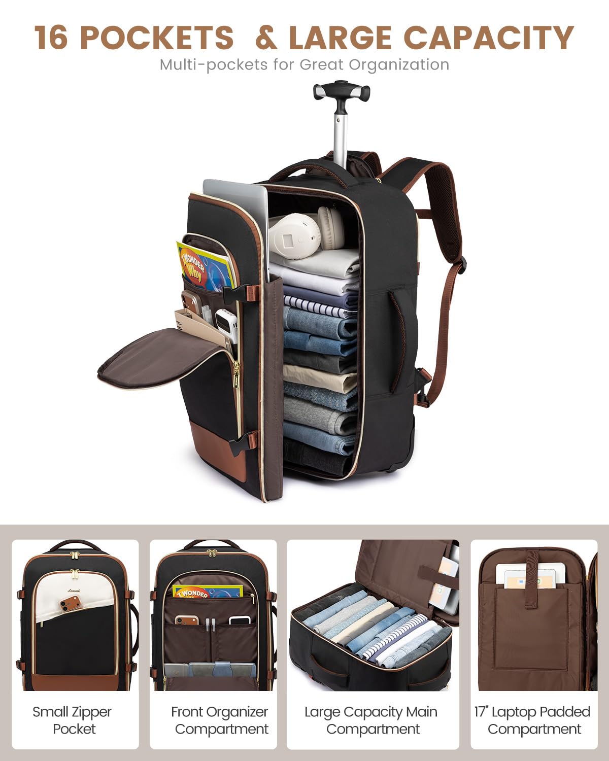 Rolling Backpack with Wheels, 17 Inch 57L Water Resistant R556