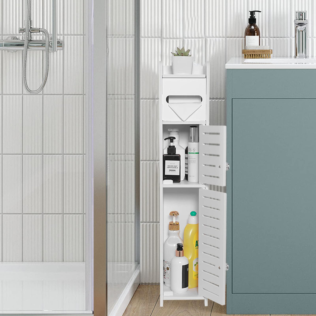 White Over The Toilet Storage Cabinet with 2 Doors & Shelves D94802