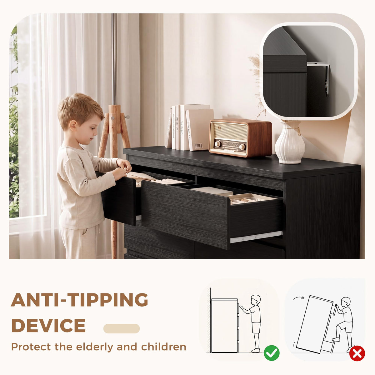 Black 6 Drawer Wood Double Dresser H888246
