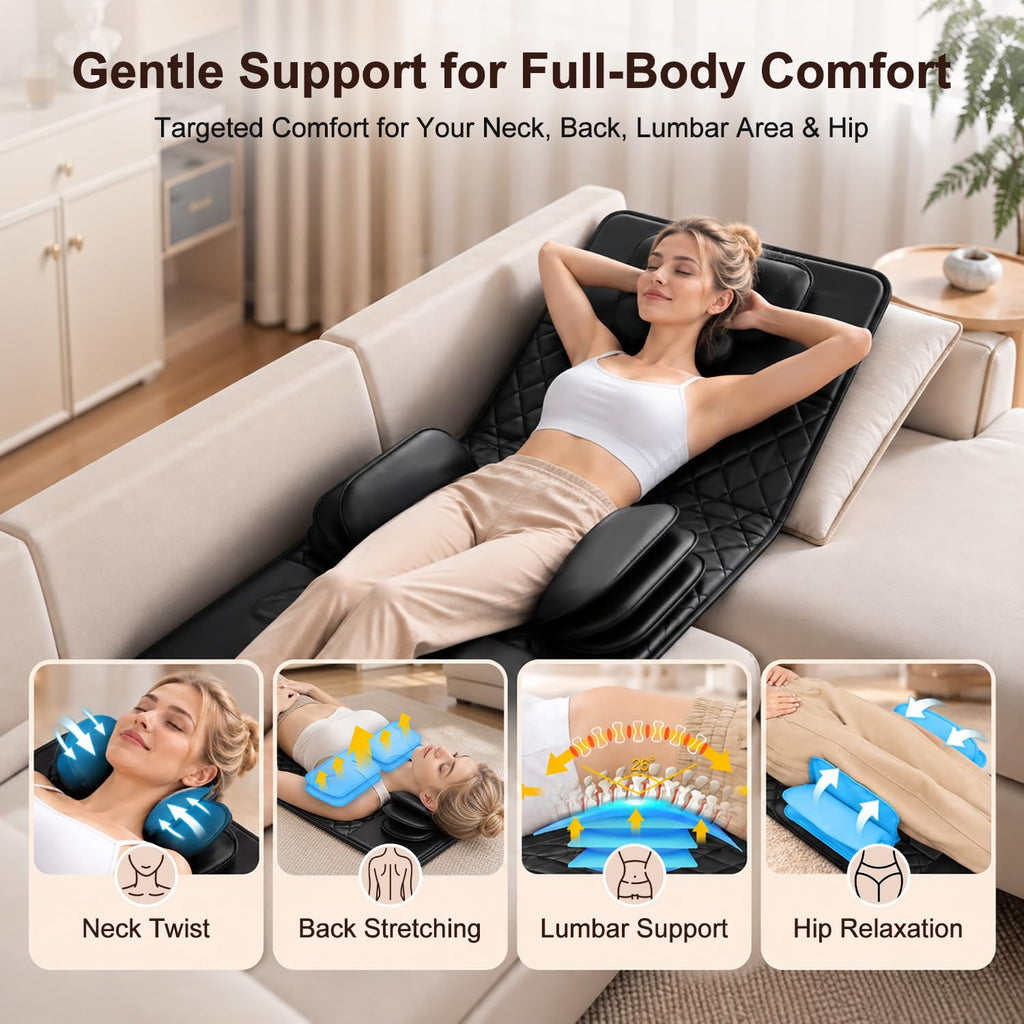 Full Body Massage Mat with Heat, 3D Stretching Back Massager Pad, 4 Modes 3 Intensities 3 Heat Levels, Portable Foldable PU Leather P1135