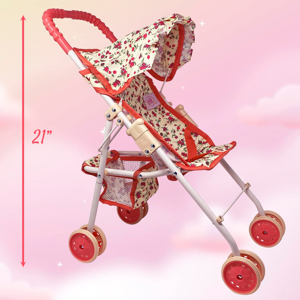 Baby Doll Stroller with Storage Basket, Foldable Frame, Canopy, Seatbelt W729023