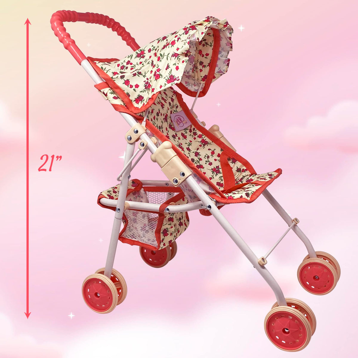 Baby Doll Stroller with Storage Basket, Foldable Frame, Canopy, Seatbelt W729023