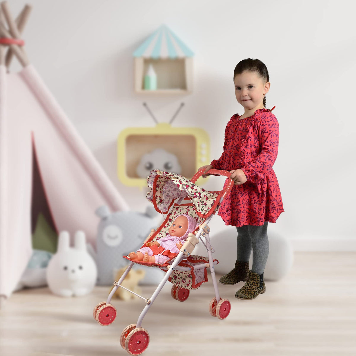 Baby Doll Stroller with Storage Basket, Foldable Frame, Canopy, Seatbelt W729023