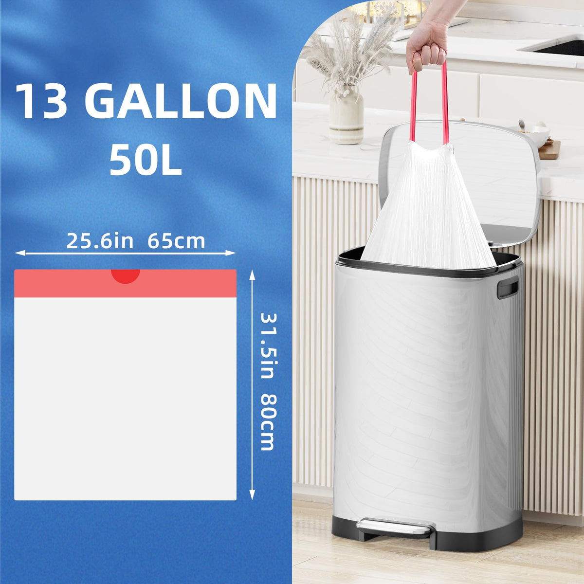 13.2 Gallon Tall Kitchen Drawstring Trash Bags, 200 Count Unscented Leak Proof K338743