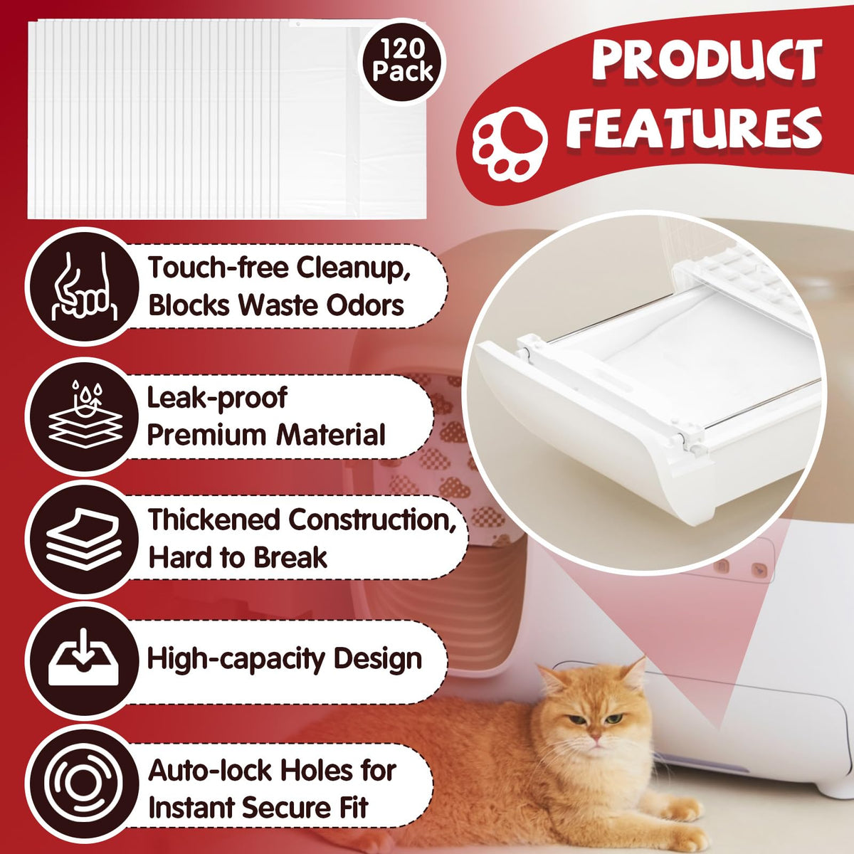 120 Pcs Self-Sealing Drawer Cat Litter Bags U304050