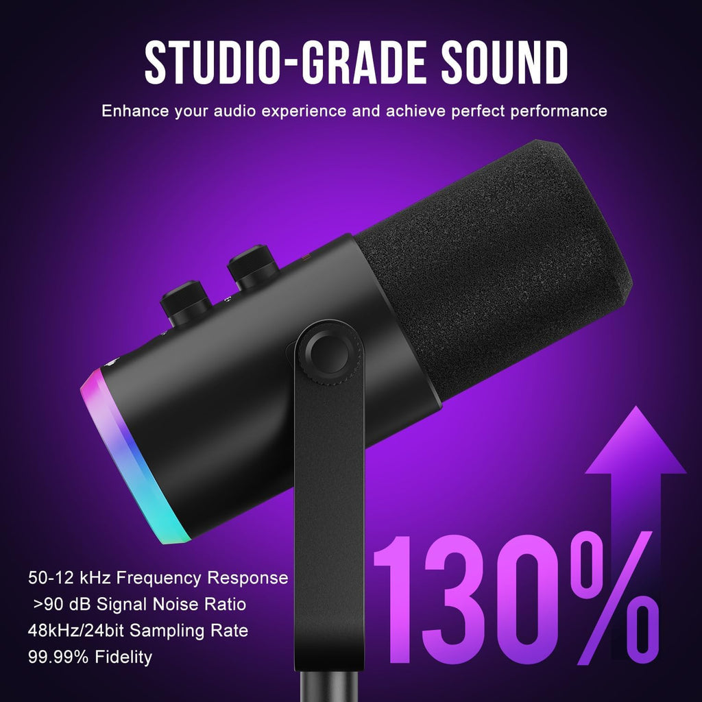 USB-C/XLR Dynamic Microphone with RGB Light, Mute Button, Desktop Stand, Headphones Jack J288