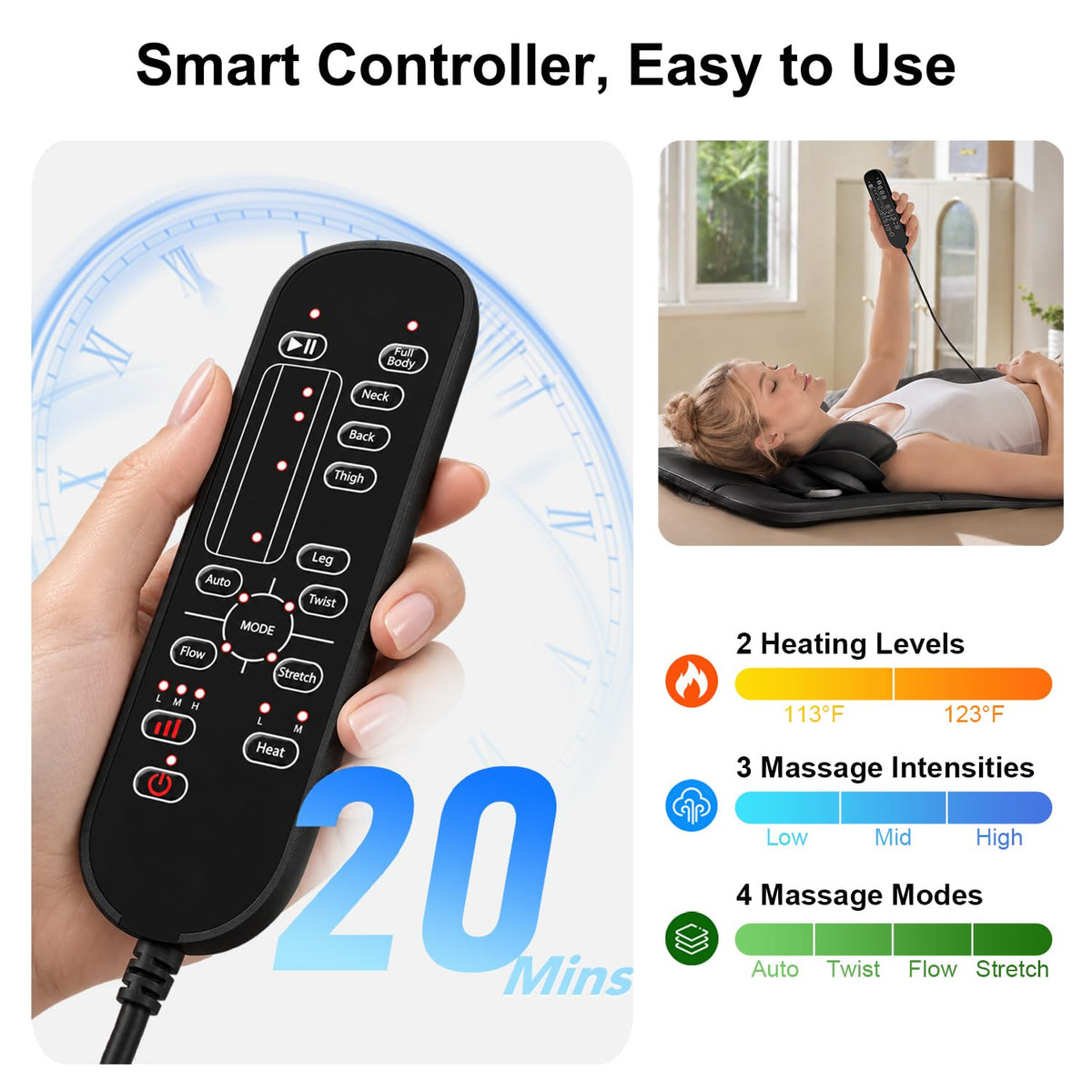 Full Body Massage Mat with Heat, 3D Stretching Back Massager Pad, 4 Modes 3 Intensities 3 Heat Levels, Portable Foldable PU Leather P1135