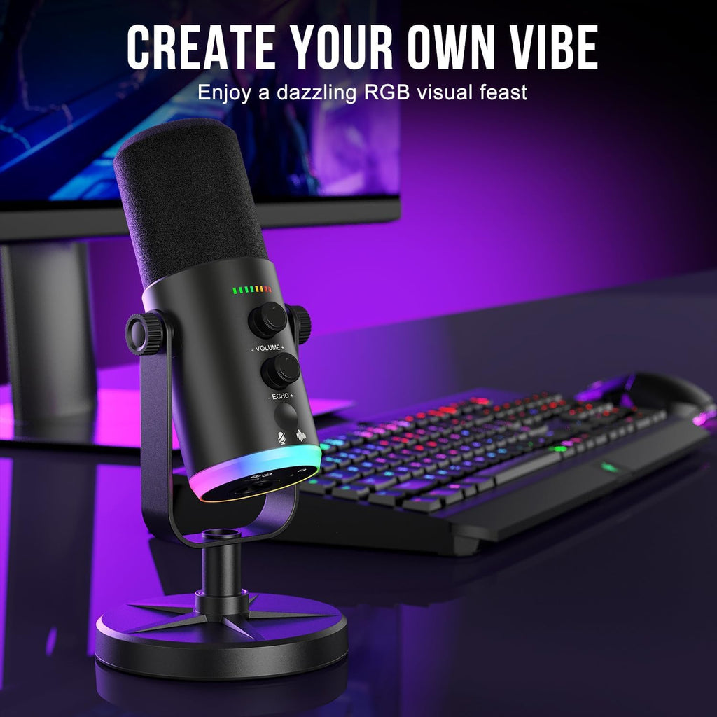 USB-C/XLR Dynamic Microphone with RGB Light, Mute Button, Desktop Stand, Headphones Jack J288