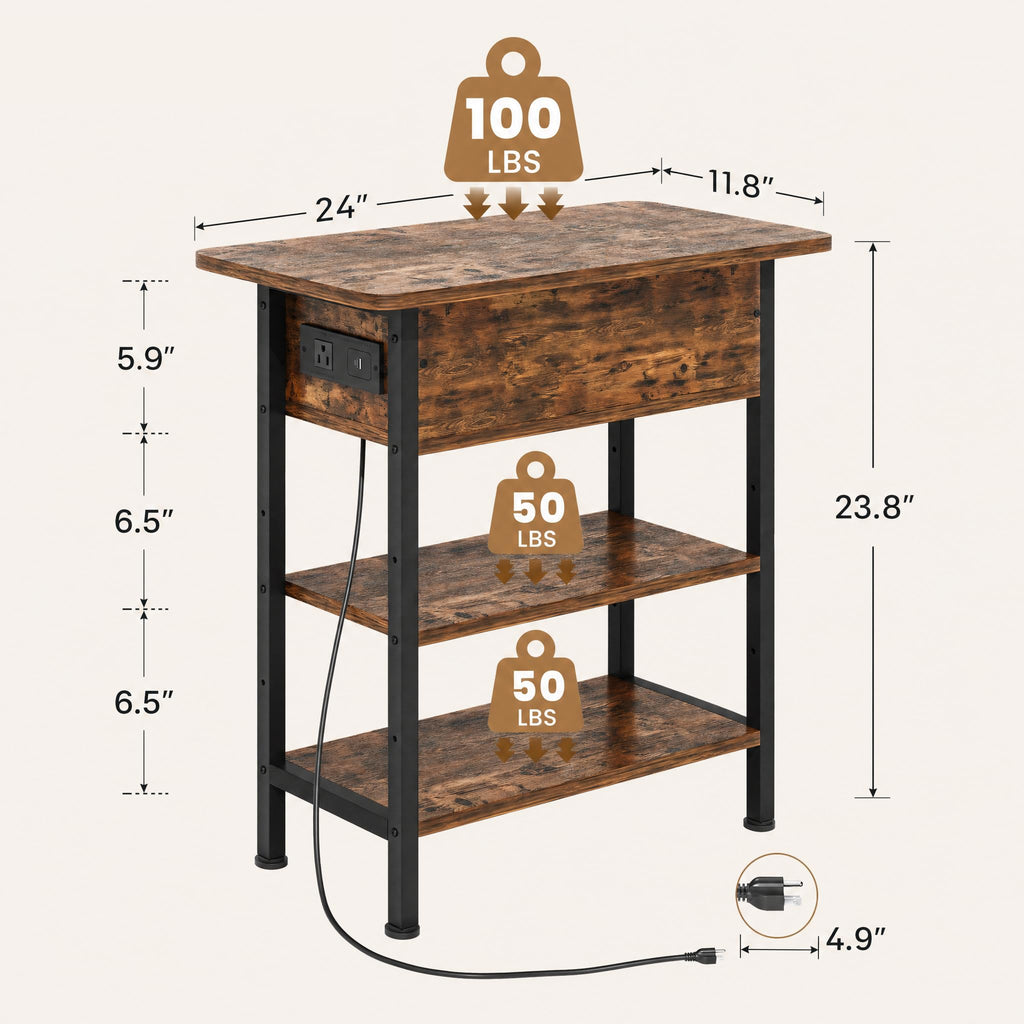 Brown Flip Top End Table with Charging Station and 3 Tier Storage X68669
