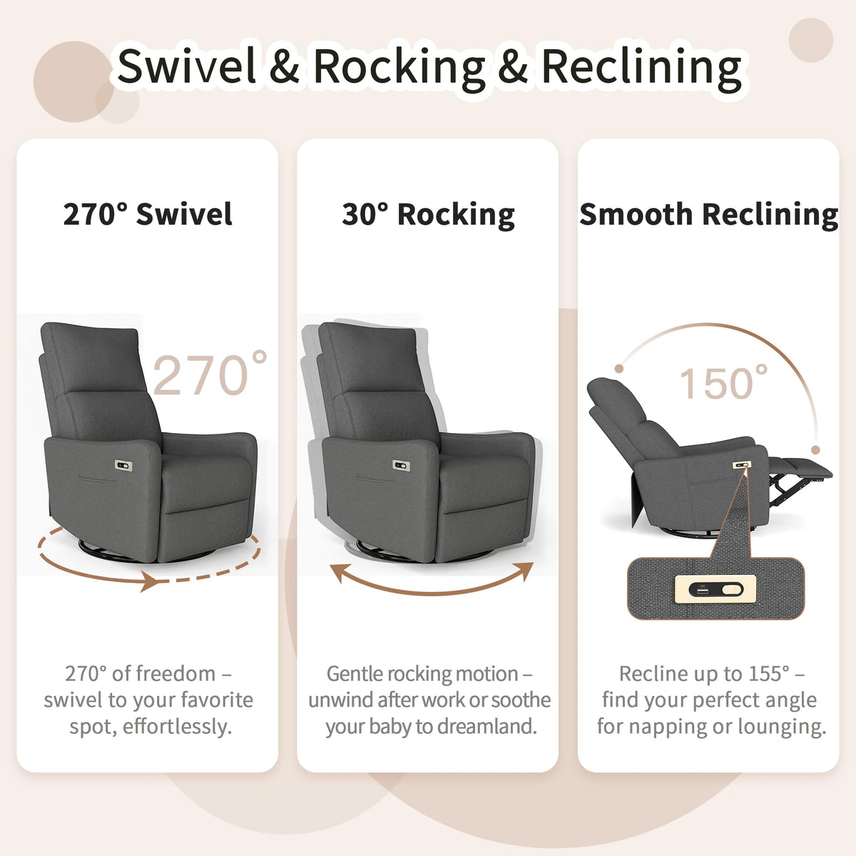 Dark Gray Velvet Swivel Rocker Chair R7523
