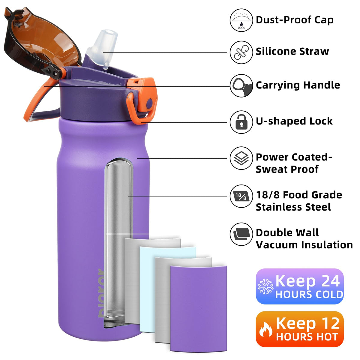 18 oz Insulated Stainless Water Bottle with Straw & Handle B6531