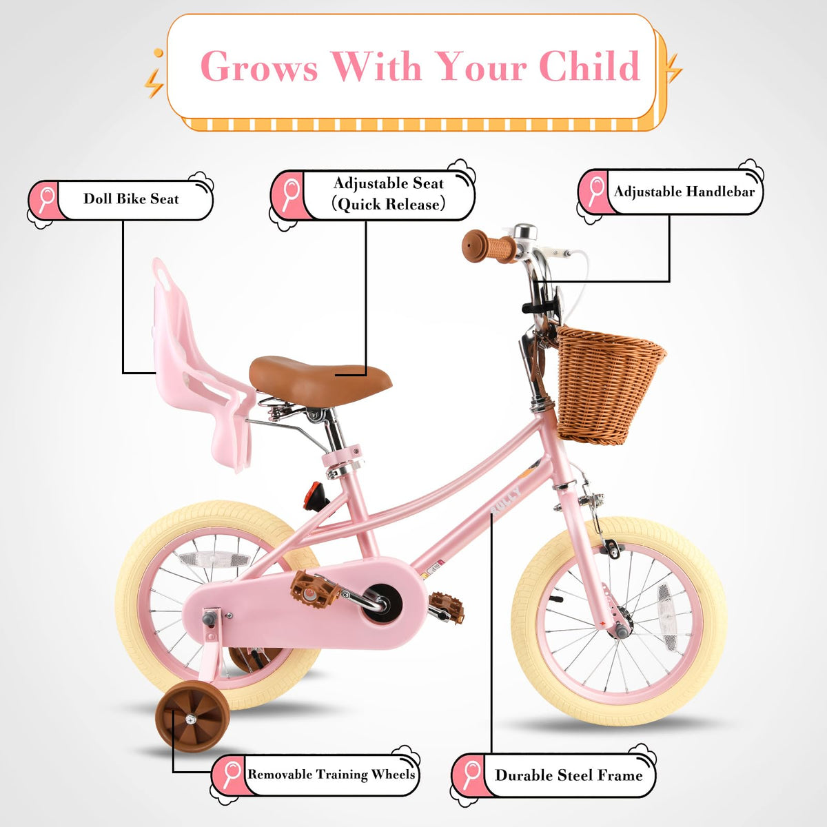 Kids Bike with Training Wheels, Basket and Streamers O329826