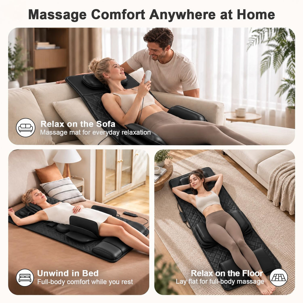Full Body Massage Mat with Heat, 3D Stretching Back Massager Pad, 4 Modes 3 Intensities 3 Heat Levels, Portable Foldable PU Leather P1135