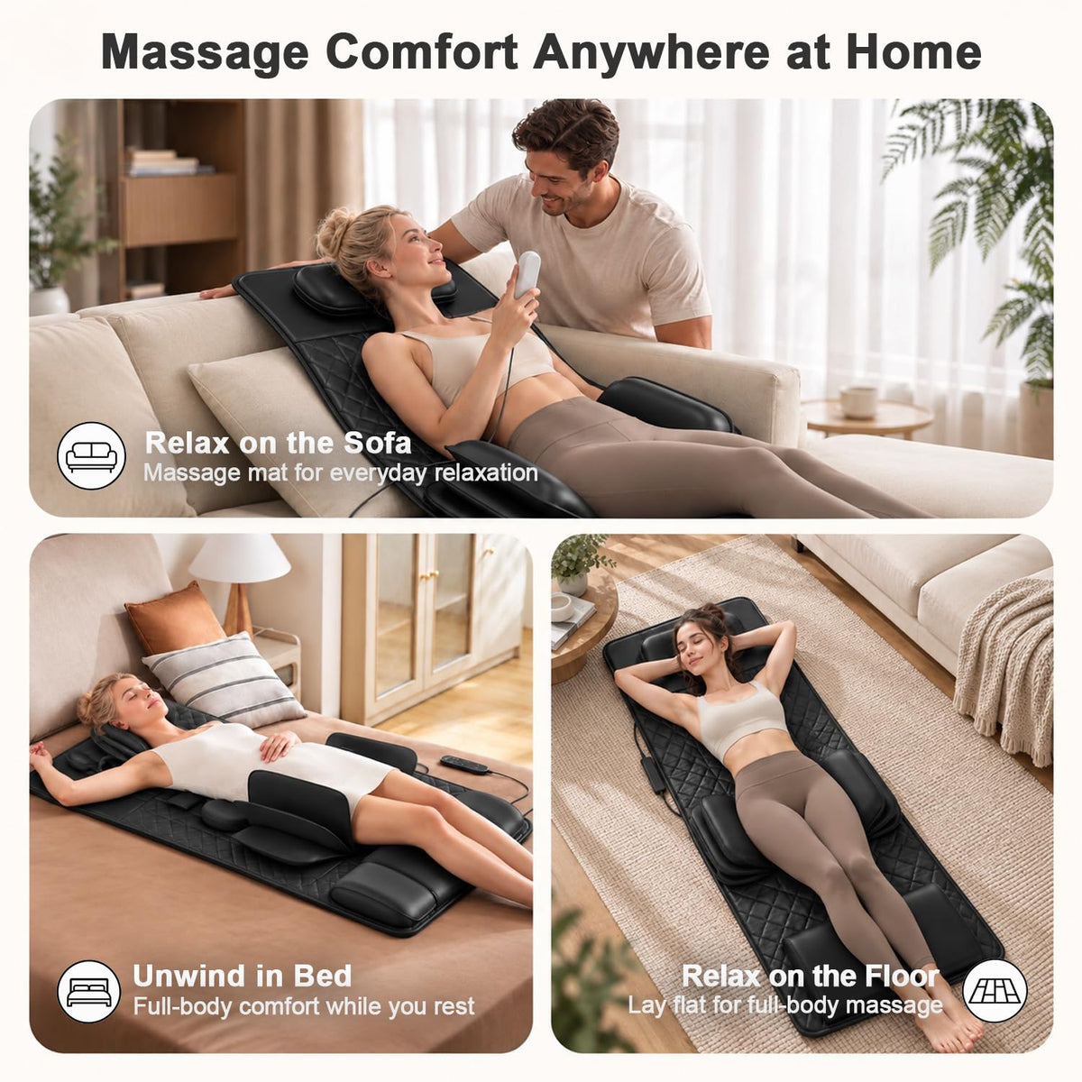 Full Body Massage Mat with Heat, 3D Stretching Back Massager Pad, 4 Modes 3 Intensities 3 Heat Levels, Portable Foldable PU Leather P1135