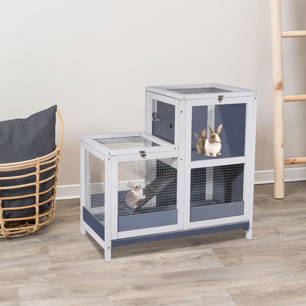 2-Story Wooden Small Animal Cage with Removable Tray and Ramp M2437