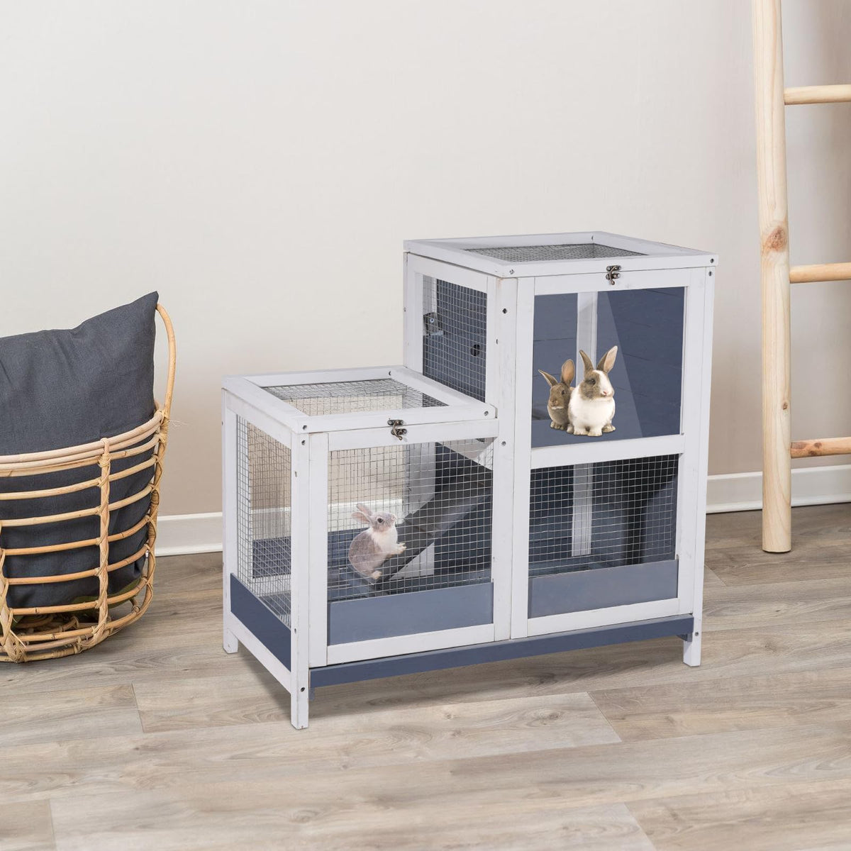 2-Story Wooden Small Animal Cage with Removable Tray and Ramp M2437