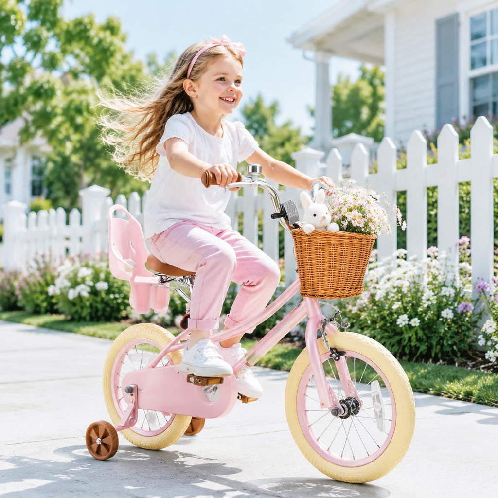 Kids Bike with Training Wheels, Basket and Streamers O329826