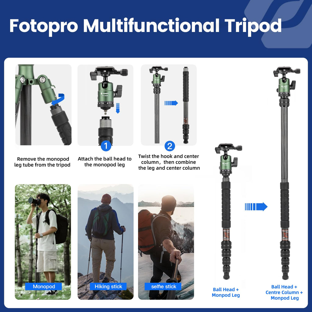 60" Carbon Fiber Camera Tripod with Ball Head and Monopod G974